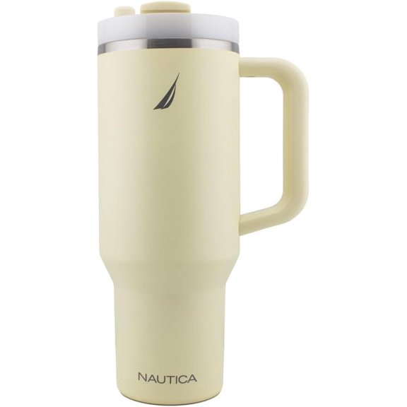 Nautica 40 oz Large Insulated Tumbler with Handle & Straw with screw on cap, Reusable Water Bottle Stainless Steel Travel Mug for Hot Cold or Iced Drink, BPA-Free, Fits Car Cup Holders (Light Yellow)