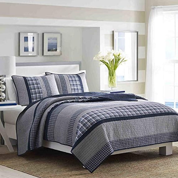 Nautica | Adleson Collection | 100% Cotton Reversible and Light-Weight Quilt Bedspread, Pre-Washed for Extra Comfort, Easy Care Machine Washable, Full/Queen, Blue/Grey