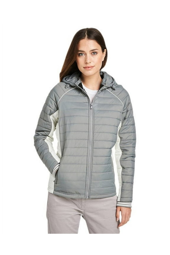 B15028134 Womens Nautical Mile Hooded Puffer Jacket, Graphite & Antique White - Medium