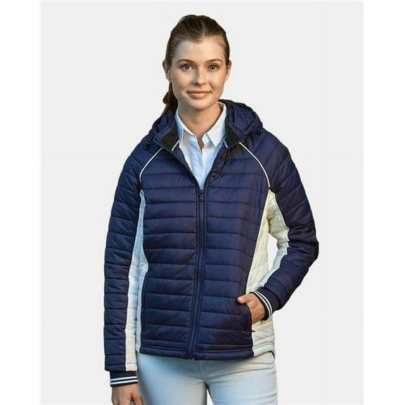 Nautica B15028135 Womens Nautical Mile Hooded Puffer Jacket, Graphite & Antique White - Large