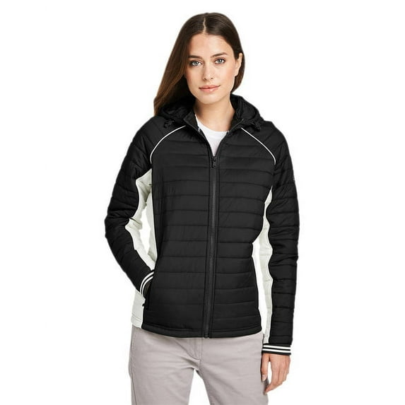 Nautica B15028505 Womens Nautical Mile Hooded Puffer Jacket, Black & Antique White - Large