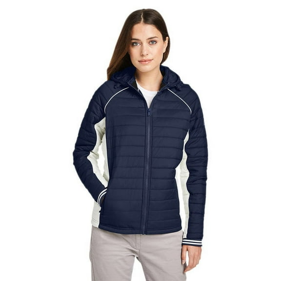 Nautica B15028653 Womens Nautical Mile Hooded Puffer Jacket, Navy & Antique White - Small