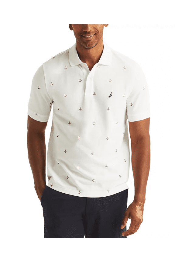BRIGHT WHITE Men's Classic Fit Printed Deck Polo Shirt, US Medium