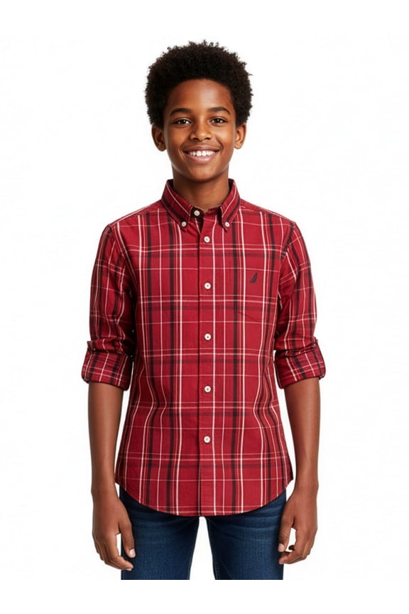 Boys' Plaid Button-Up Shirt Color: red Size: 14 - 16
