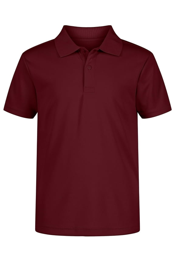 Boys' School Uniform Short Sleeve Polo Shirt, Button Closure, Moisture Wicking Performance Material, Burgundy 601, 10-12