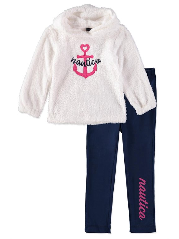 Girls 4-6X Faux Fur Anchor Hooded Jogger Set (White 4)