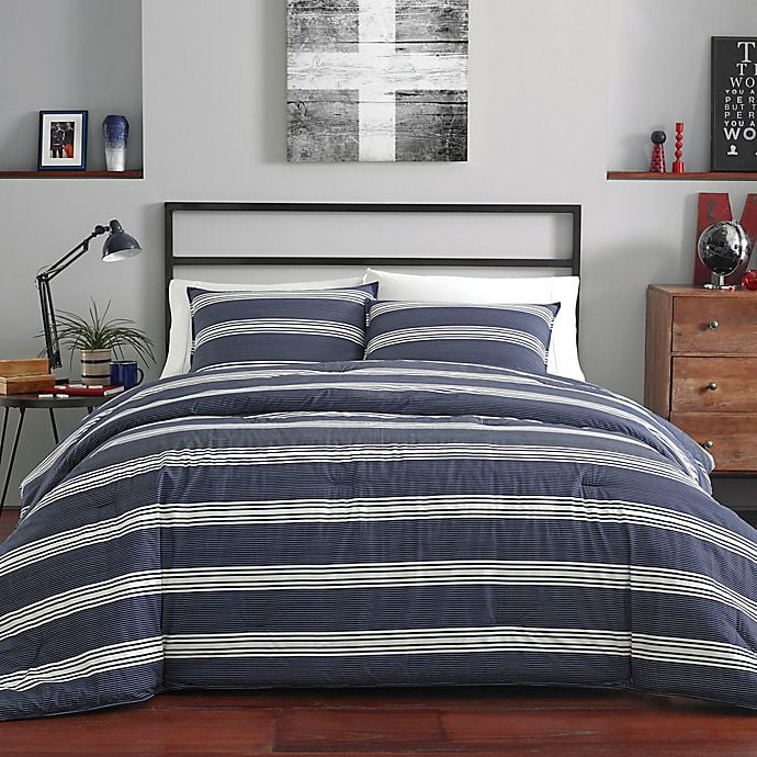 Navy and White Striped Cotton King Duvet Cover Set