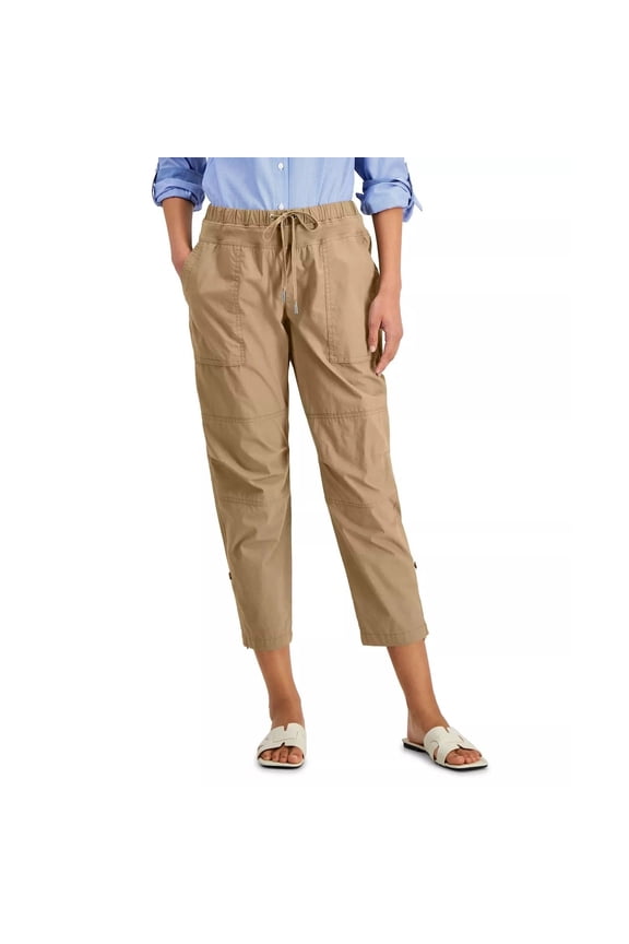 Jeans Co. Womens Brown Cargo Pants L Petite Crop Roll-Tab