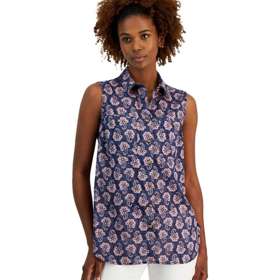Nautica Womens Paisley Sleeveless Blouse Top, Blue, Medium