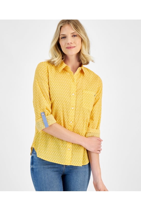 Nautica Jeans Womens Stamp-Leaf Roll-Tab Sh Gldn Glow M