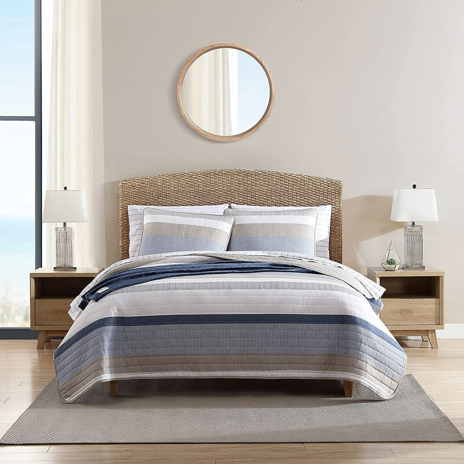 Nautical Blue and Beige Cotton King Quilt Set