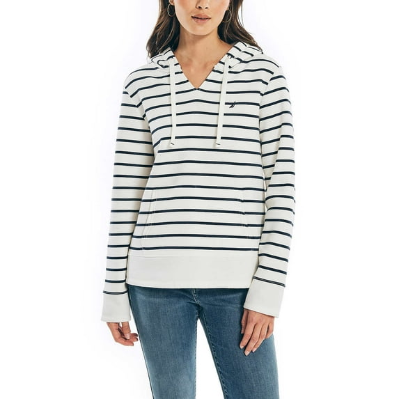 Nautica Ladies' Fleece Hoodie Sweatshirt, Marshmallow with Navy Stripes XL