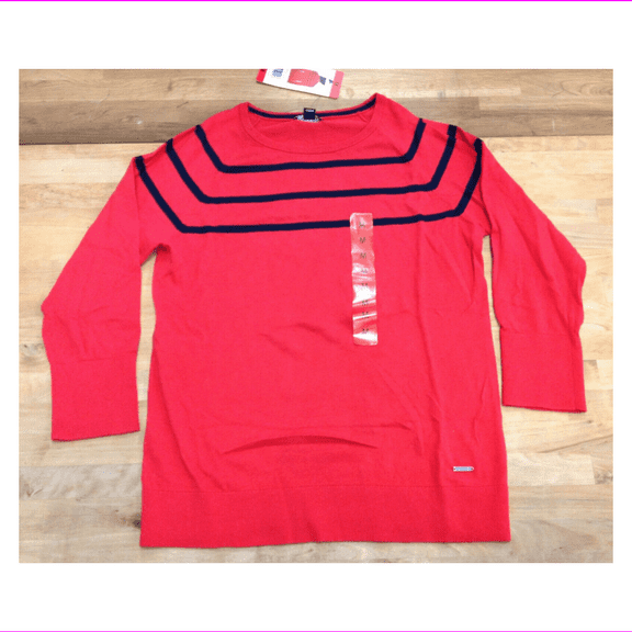 Nautica Ladies Striped Cotton Sweater, Mars Red, Size M