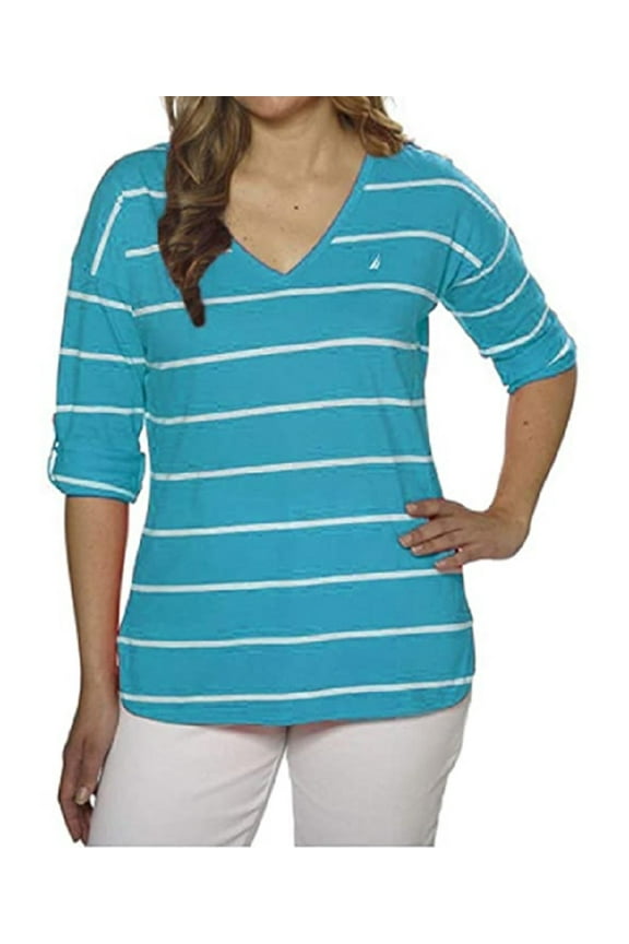 Ladies' V-Neck Top with Roll Tab Tee (Scuba Blue, Medium)
