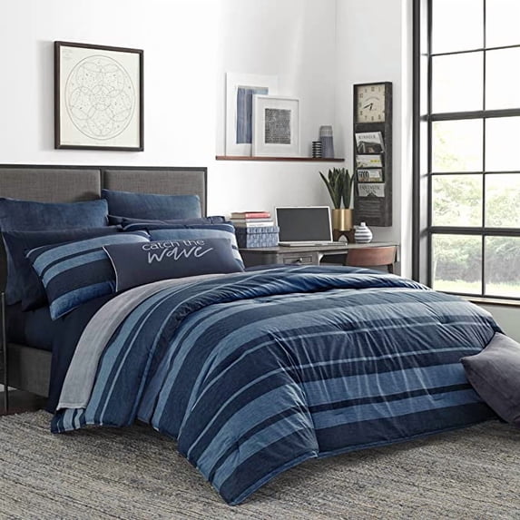 Nautica | Longpoint Collection | 100% Cotton Cozy & Soft, Durable & Breathable Striped Comforter Matching Shams, 3-Piece Bedding Set, King, Blue
