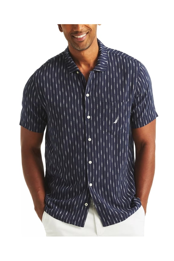 MARINE BLUE Men's Printed Linen Short Sleeve Shirt, US X-Large