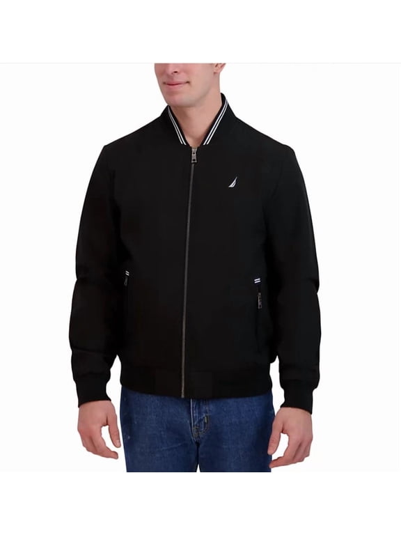 Mens Bomber Jacket, Lightweight, Water Resistant, Large, Long Sleeve Zip Up Knit Mesh Collar