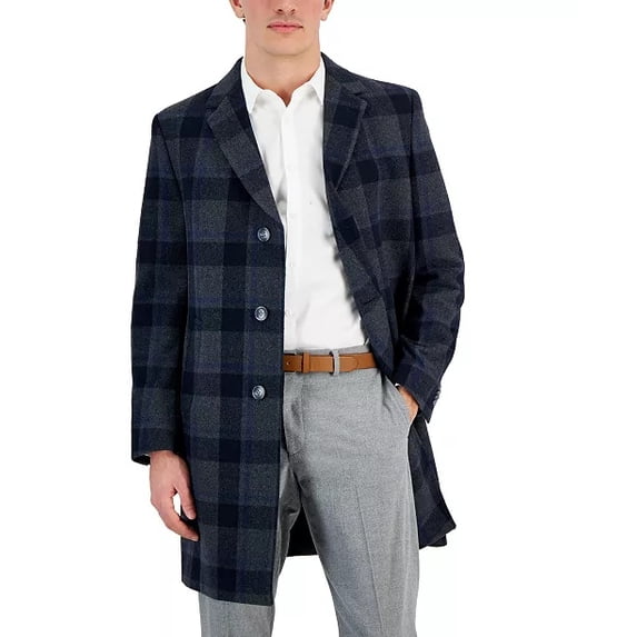 Nautica Men's Classic-Fit Camber Wool Overcoat Coat 38 R Grey Blue Glenn Plaid