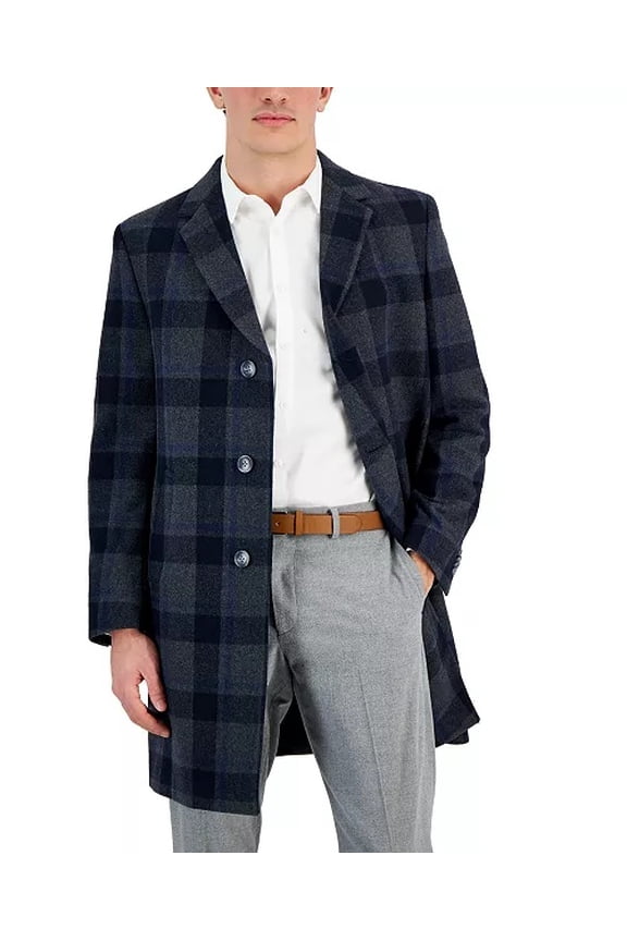 Men's Classic-Fit Camber Wool Overcoat Coat 38 R Grey Blue Glenn Plaid
