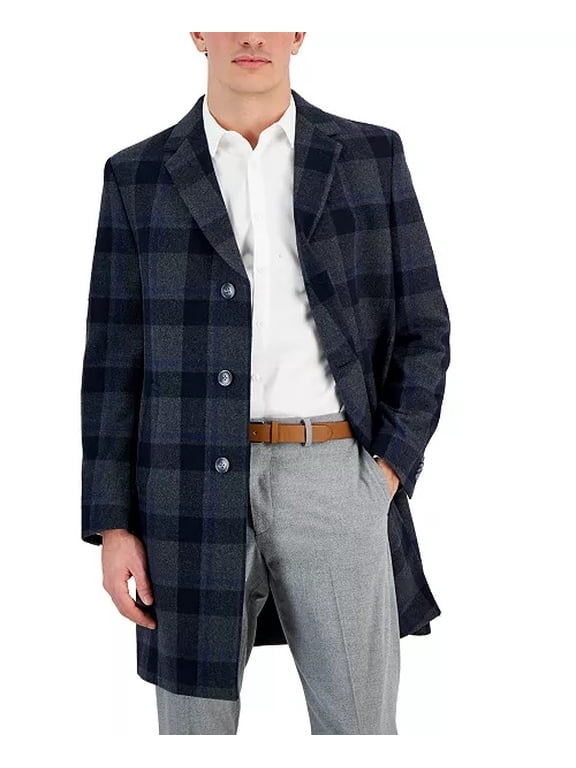 Men's Classic-Fit Camber Wool Overcoat Coat 38 R Grey Blue Glenn Plaid