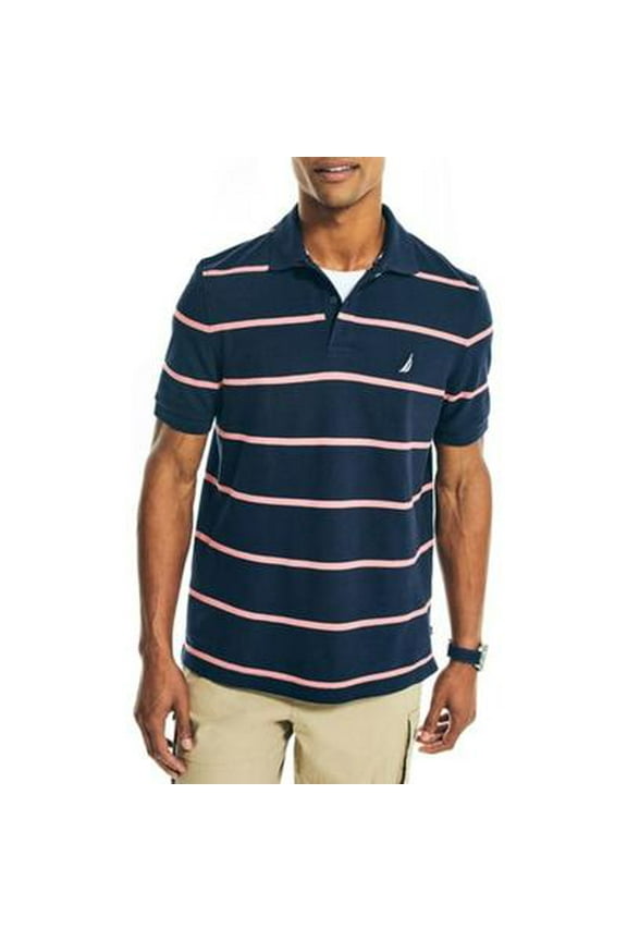 Men's Classic Fit Striped Performance Deck Polo Shirt Blue Pink Large