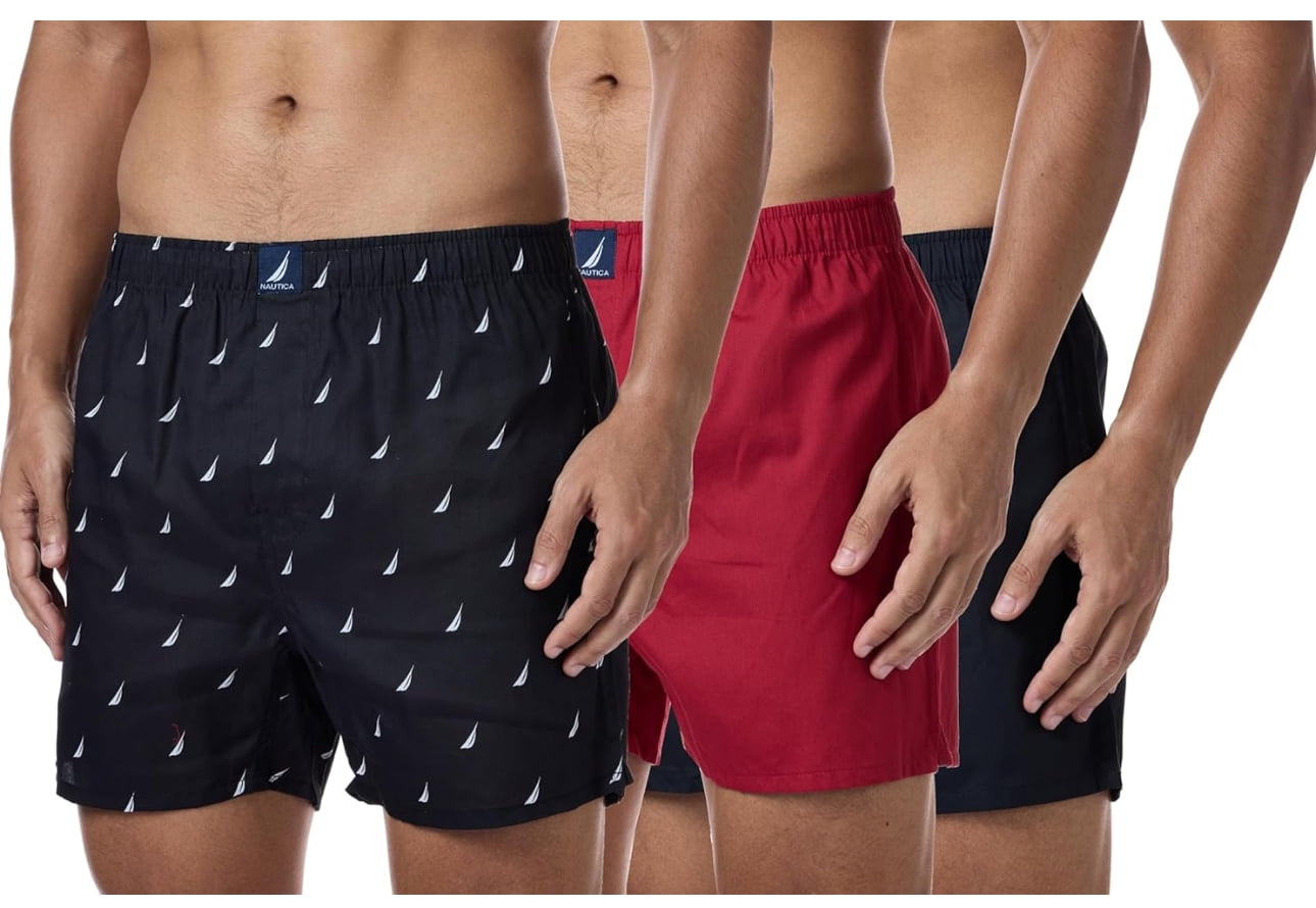 Nautica Men's Cotton Woven 3 Pack Boxer, Black Red/Sails Black, Large