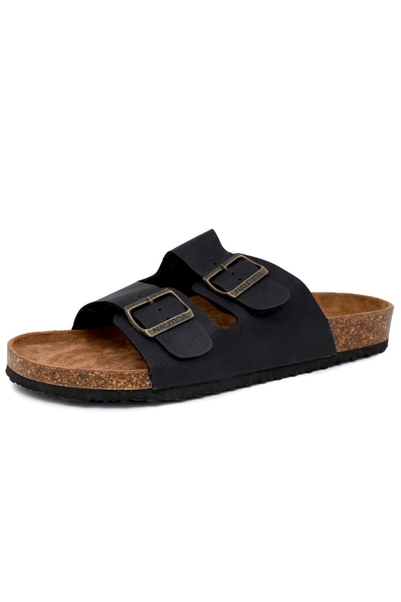 Men's Double Buckle Slide-Comfort Sandal-Slip-on Adjustable Waterproof Flat's-Triun-Black Tumbled-Size-8