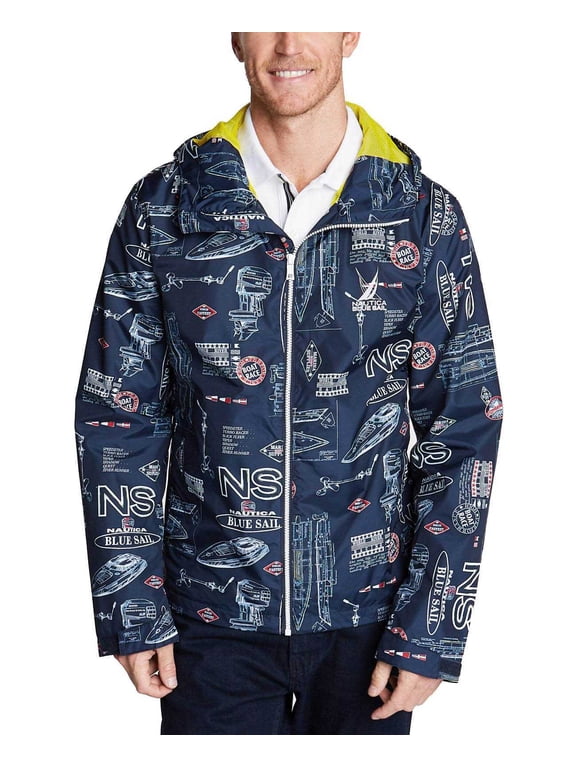 Men’s Full-Zip Graphic Print Hooded Windbreaker Jackets, Blue, Large