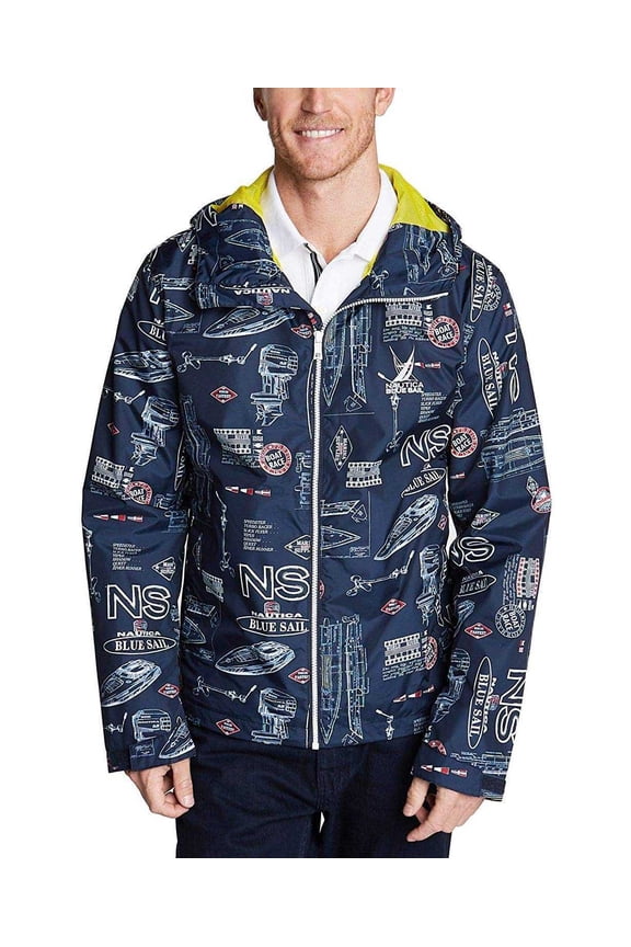 Men’s Full-Zip Graphic Print Hooded Windbreaker Jackets, Blue, Small