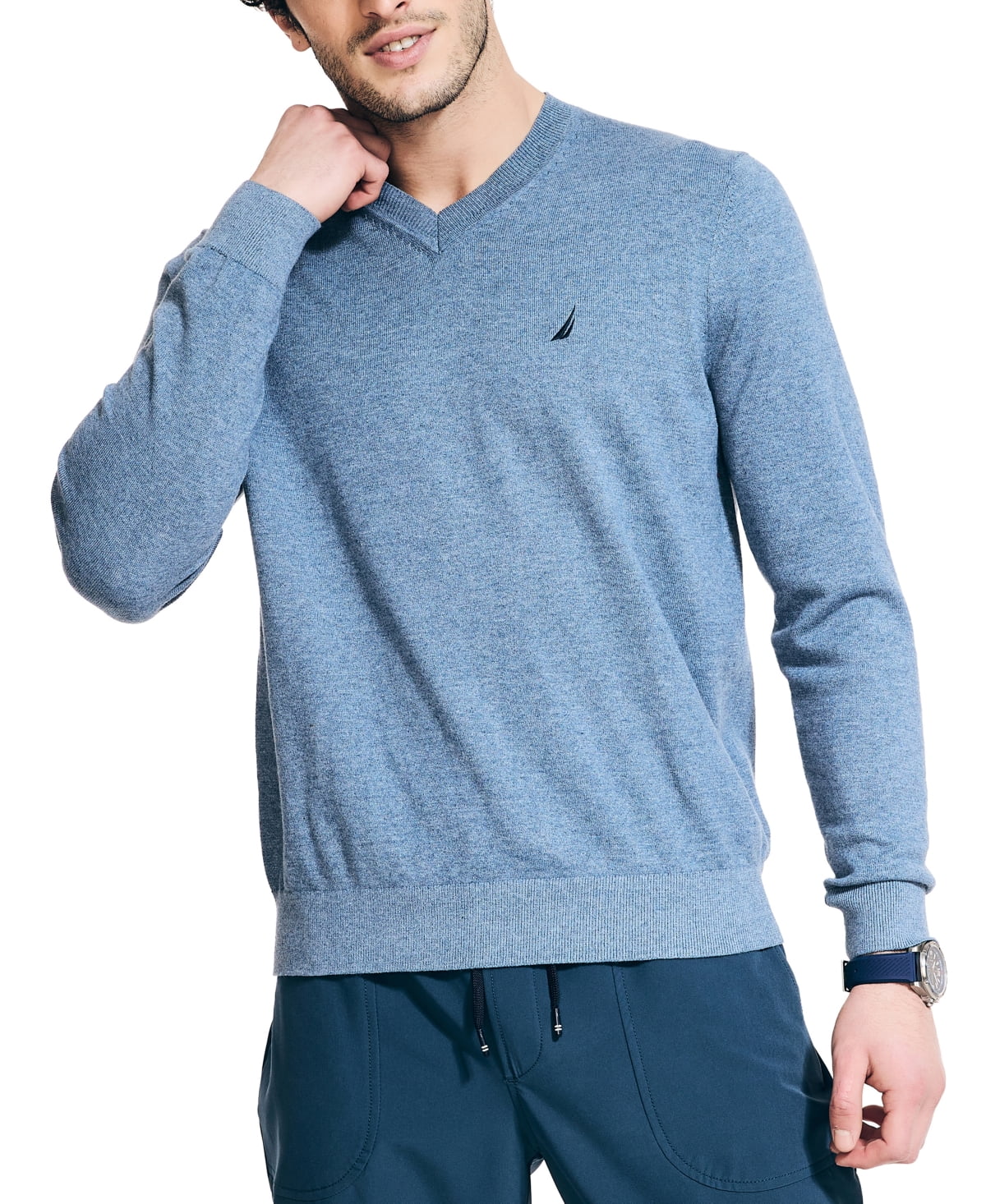 Men's Lightweight V Neck Sweater Anchor Heather Blue Small