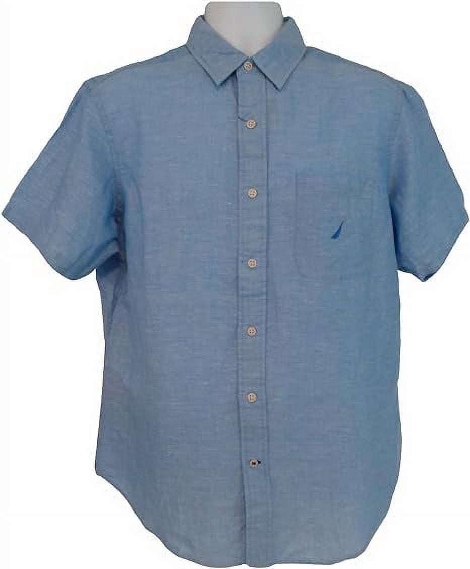Nautica Men's Linen \u0026 Cotton Blend Button-Down Short Sleeve Shirt (X-Large, Blue)