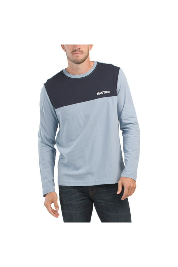 Men's Long Sleeve Tee Soft Cotton Jersey Color Block Logo Tee T-Shirt-Blue / M