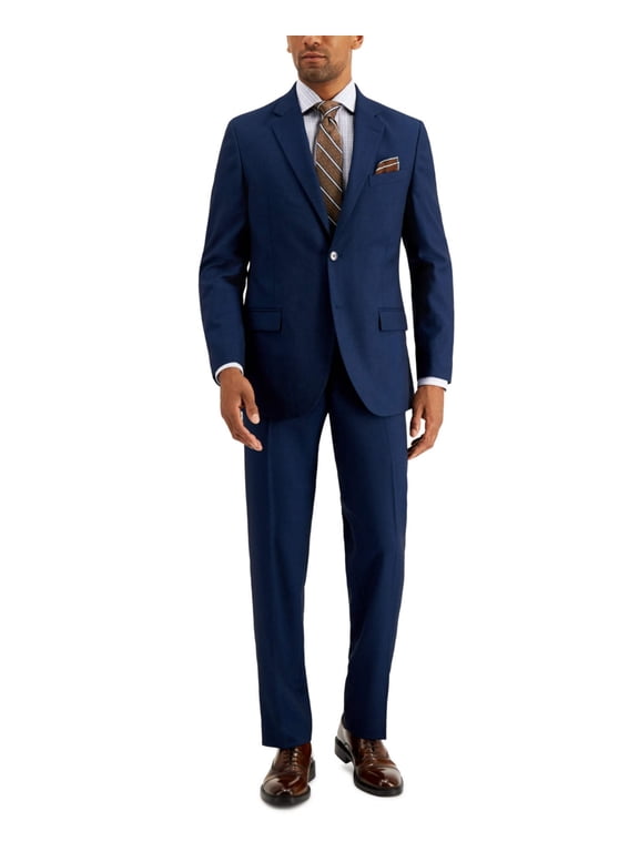 Mens Modern Fit 2 Piece Suit 38 S / 32 Waist Navy Birdseye Blue Stretch