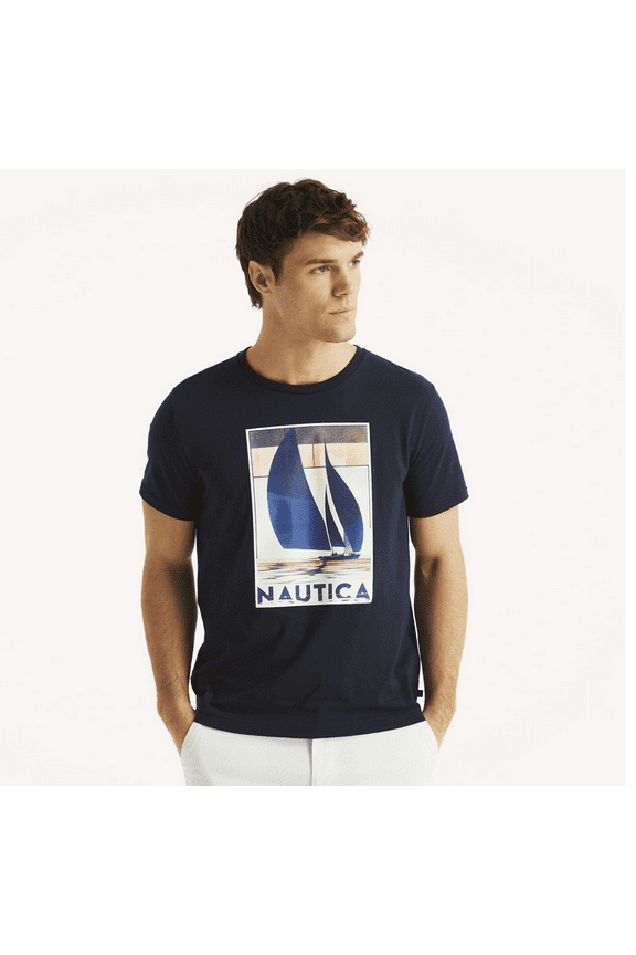 Men's Short Sleeve Crewneck Sailboat Graphic T-Shirt - Navy