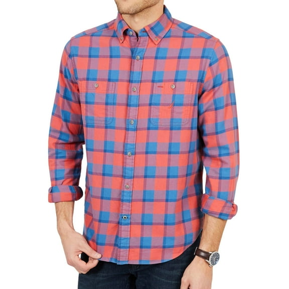 Nautica Mens Buffalo Plaid Button Up Shirt, Red, Small