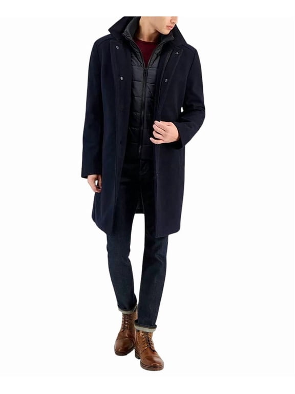 Mens Classic-Fit Bib Wool Overcoat Coat 40L Navy Blue