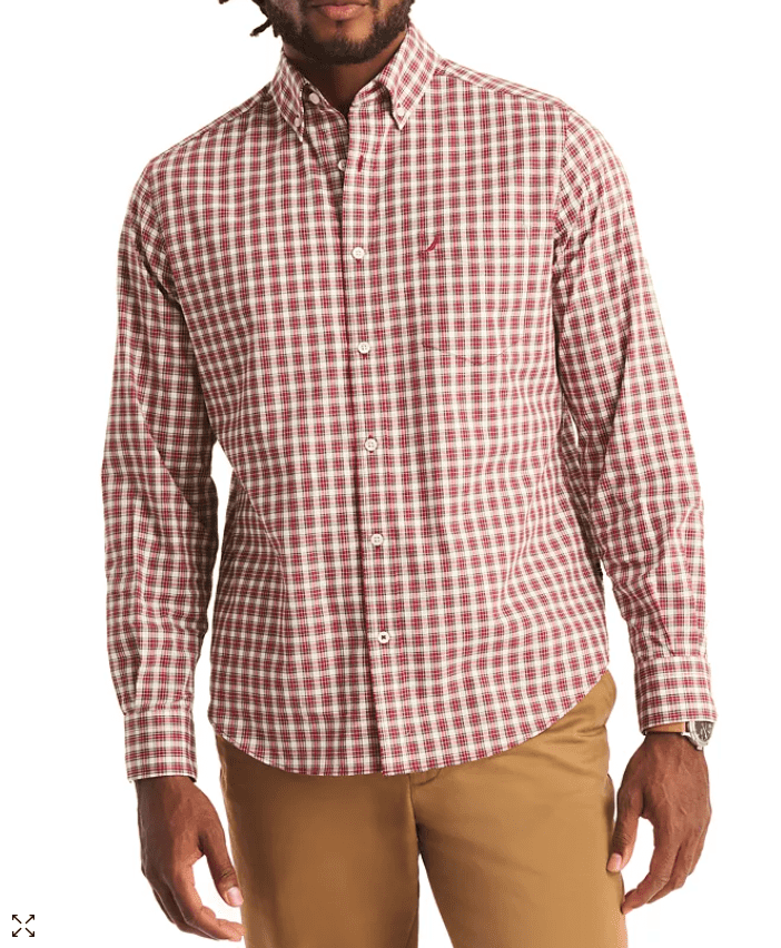 Nautica Mens Classic fit Long Sleeve Button-Up Shirt Large Red Plaid