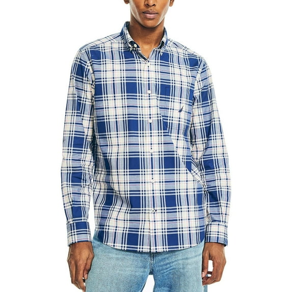 Nautica Mens Collared Plaid Button-Down Shirt