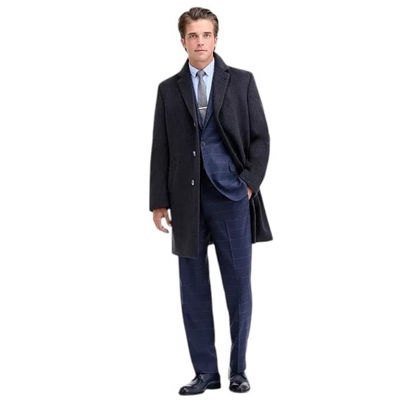 Nautica Mens Modern-Fit Wool-Blend Overcoat Coat 42 R Grey Plaid