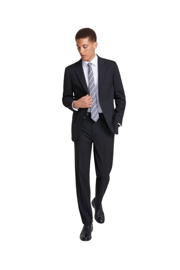 Mens Modern fit 2 Piece Suit 40 L / 34 Waist Black Striped Stretch