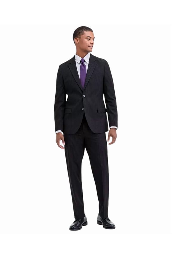 Mens Modern Fit 2 Piece Suit 46 R / 41 Waist Black Striped Stretch
