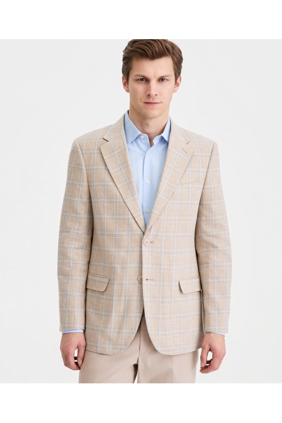 Mens Modern fit Linen Cotton Sport Coat Blazer 44 S Brown Plaid