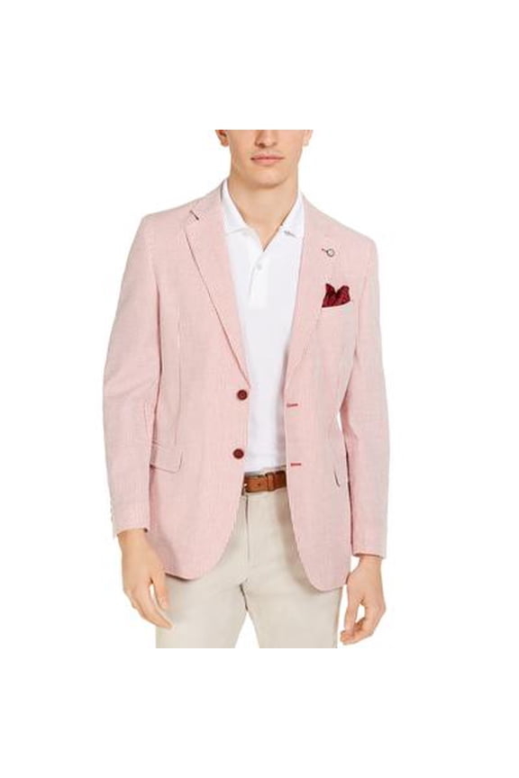 Mens Modern fit Seersucker Sport Coat Blazer 44 L Red Solid