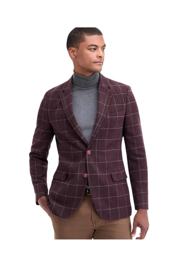 Mens Modern fit Sport Coat Blazer 40 R Burgundy Red Check Stretch