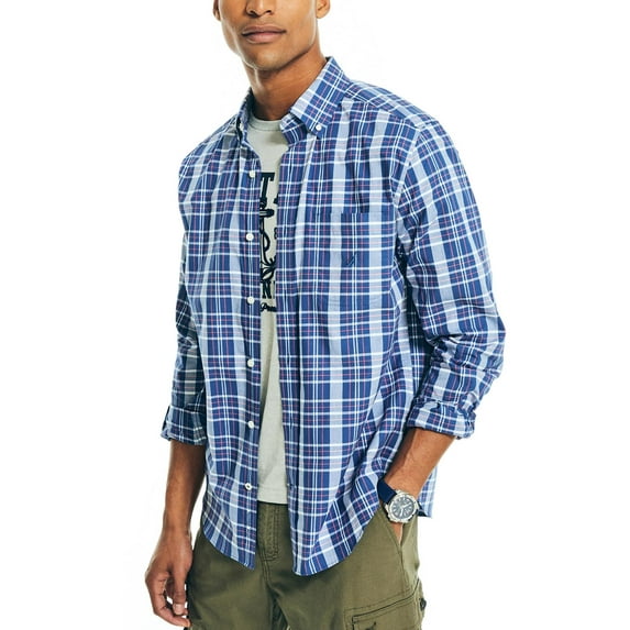 Nautica Mens Poplin Plaid Button-Down Shirt