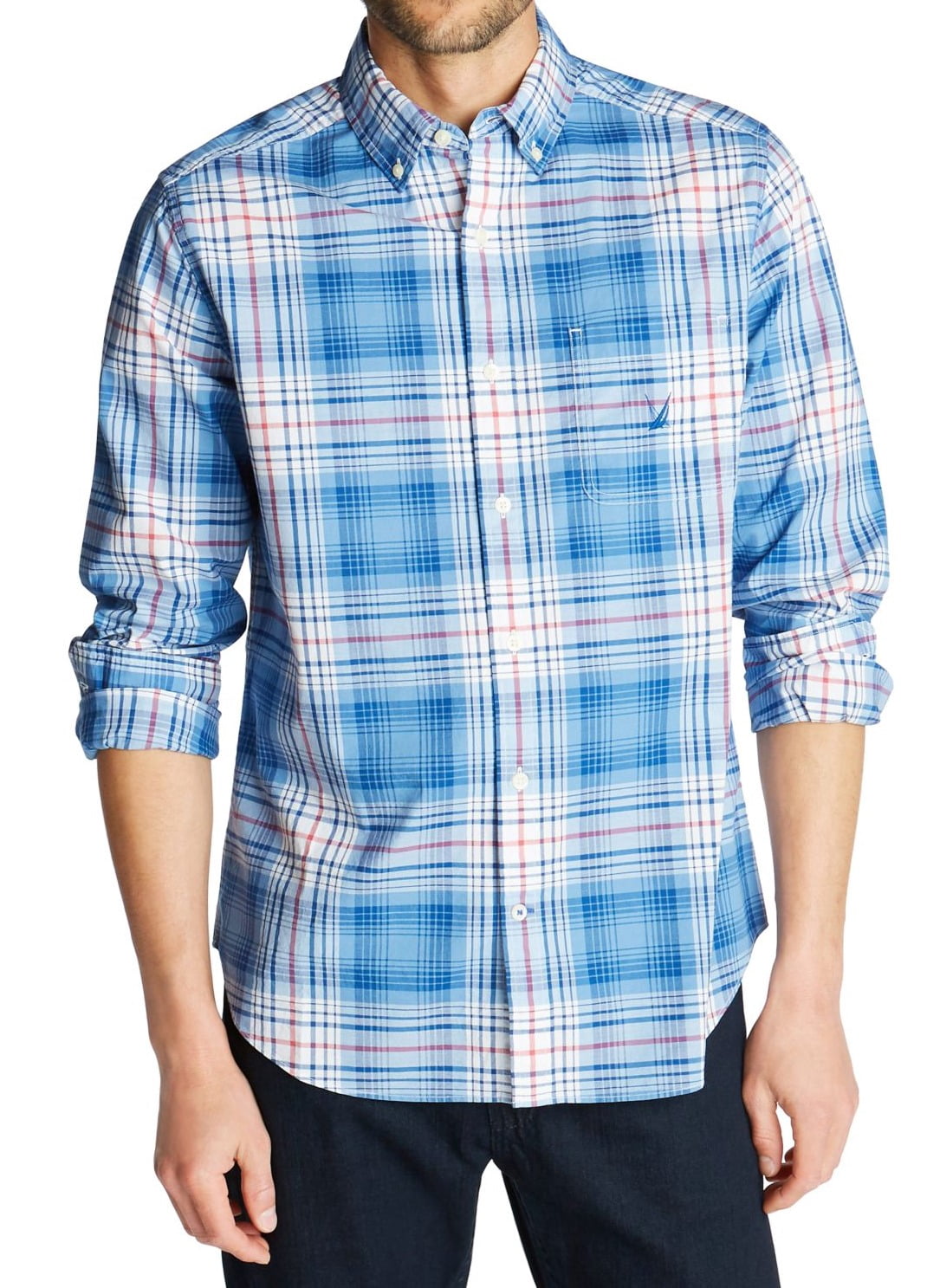 Nautica Men's Poplin Plaid Shirt — Classic Button-Down With Double Chest Pockets