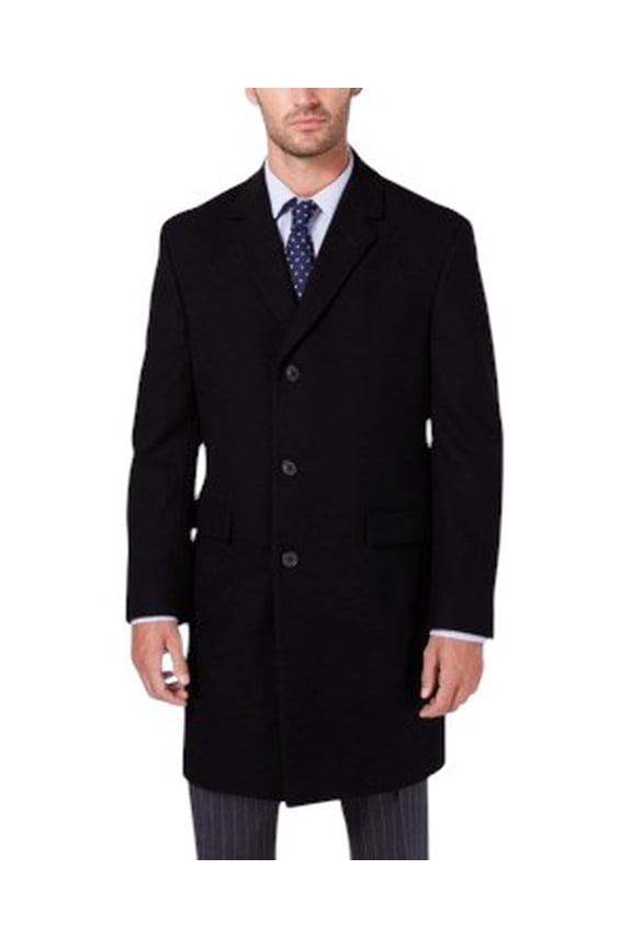 Mens Regular Fit Overcoat Coat 44 R Black Stretch Solid Wool