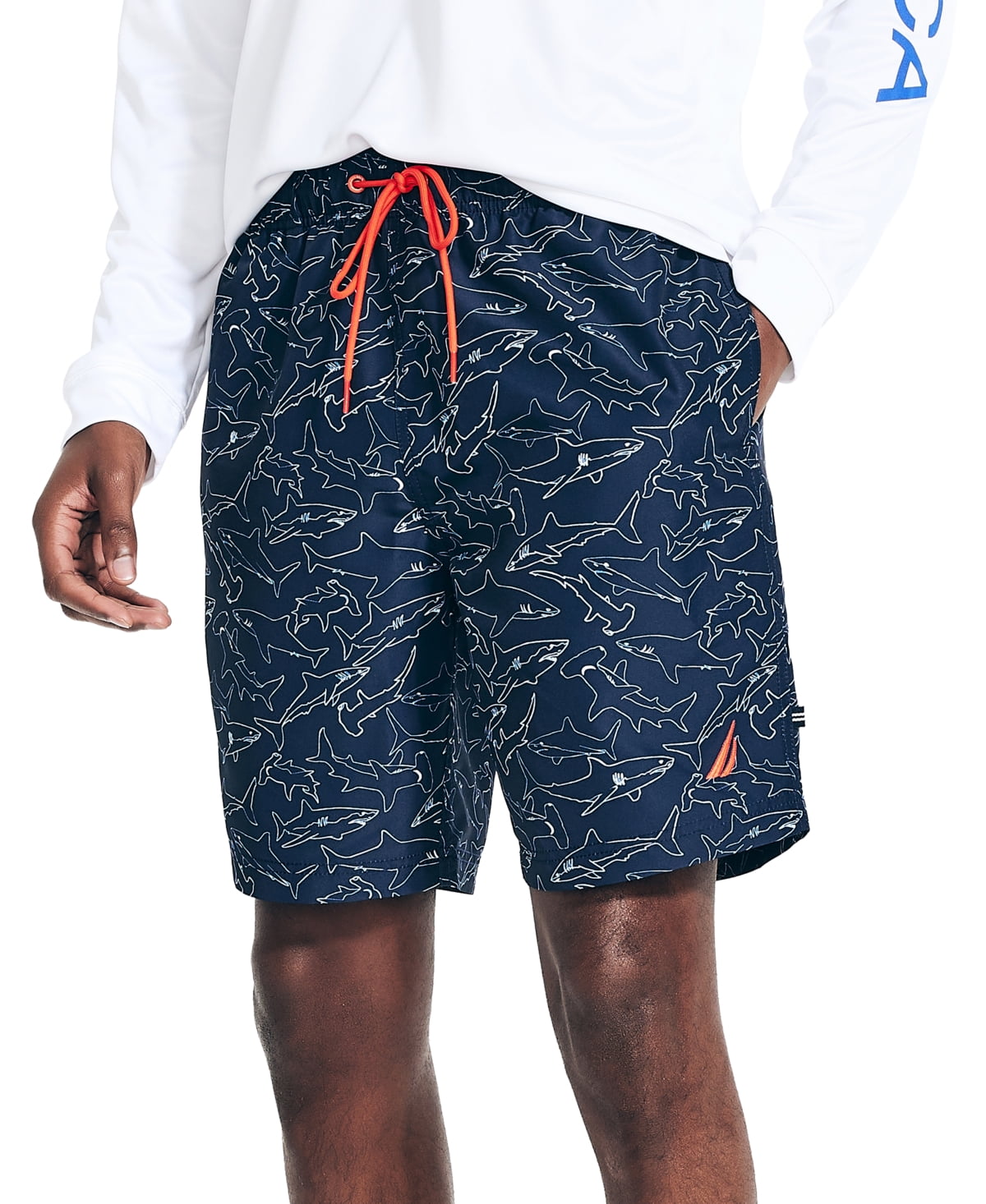 Nautica Mens Regular fit Swim Trunks Swimwear Medium Navy Blue Shark Print