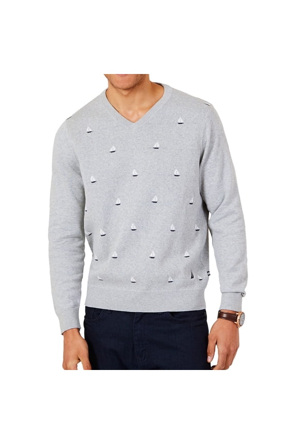 Mens Sailboat Pullover Sweater, Grey, XX-Large