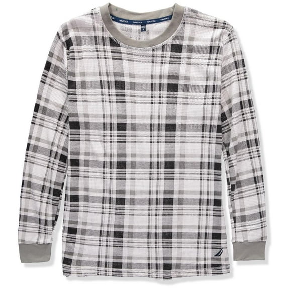 Nautica Mens Waffle Thermal Crew Neck Long Sleeve Top (Plaid Medium)